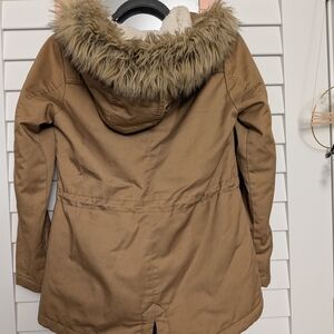 Kids Tan Hooded Jacket with Faux Fur Trim